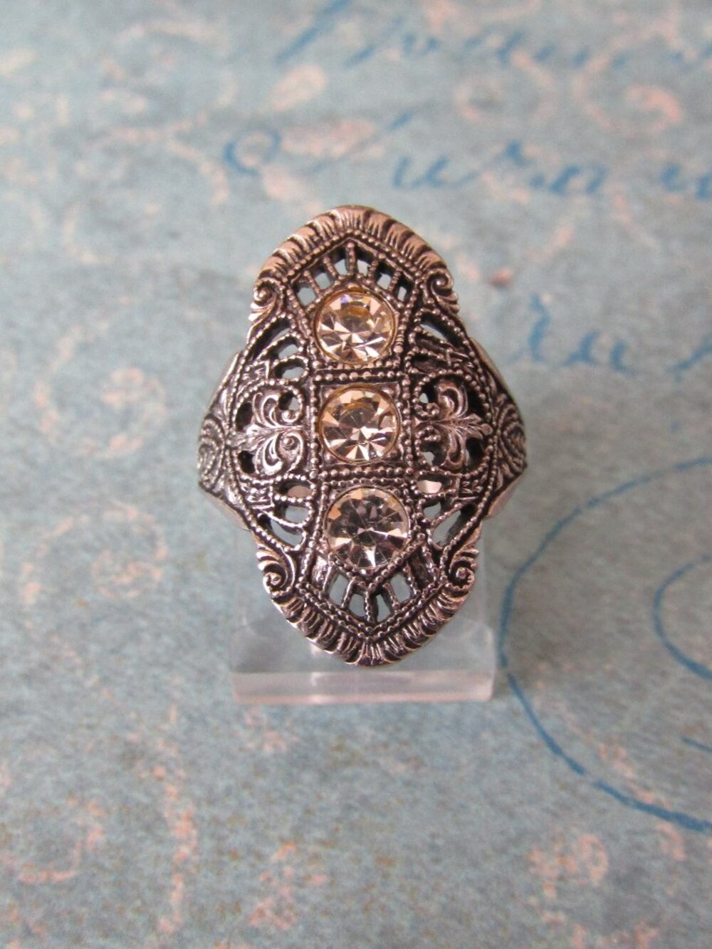 Art Deco 18K Elec Plate Vintage QVC CZ Crystal Design Oblong Ring Size 3.5